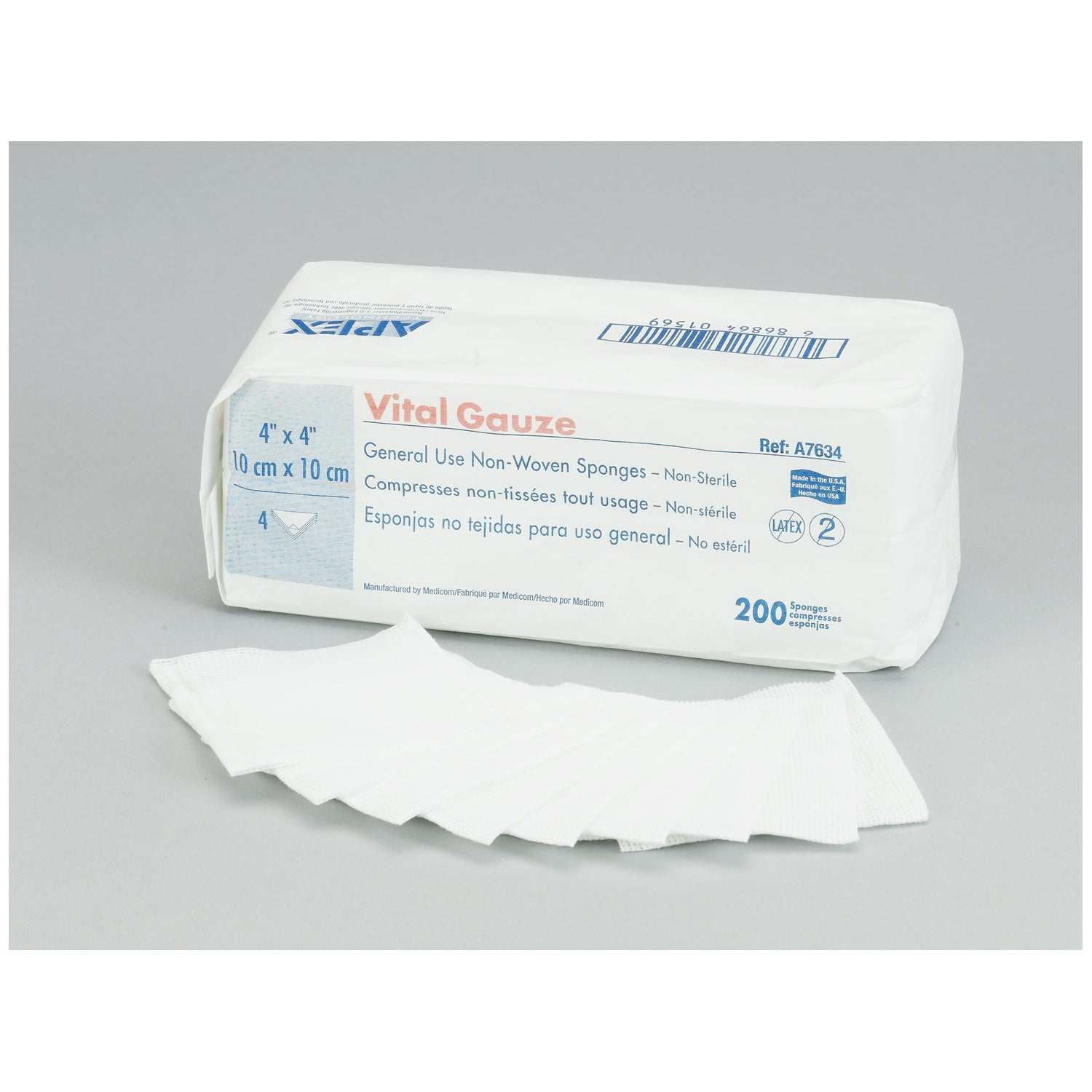 AMD MEDICOM VITAL-GAUZE MULTI-PURPOSE GAUZE SPONGES "Gauze Sponge, 2\" x 2\", 4-Ply, Non-Sterile, 200/pk, 40 pk/cs"