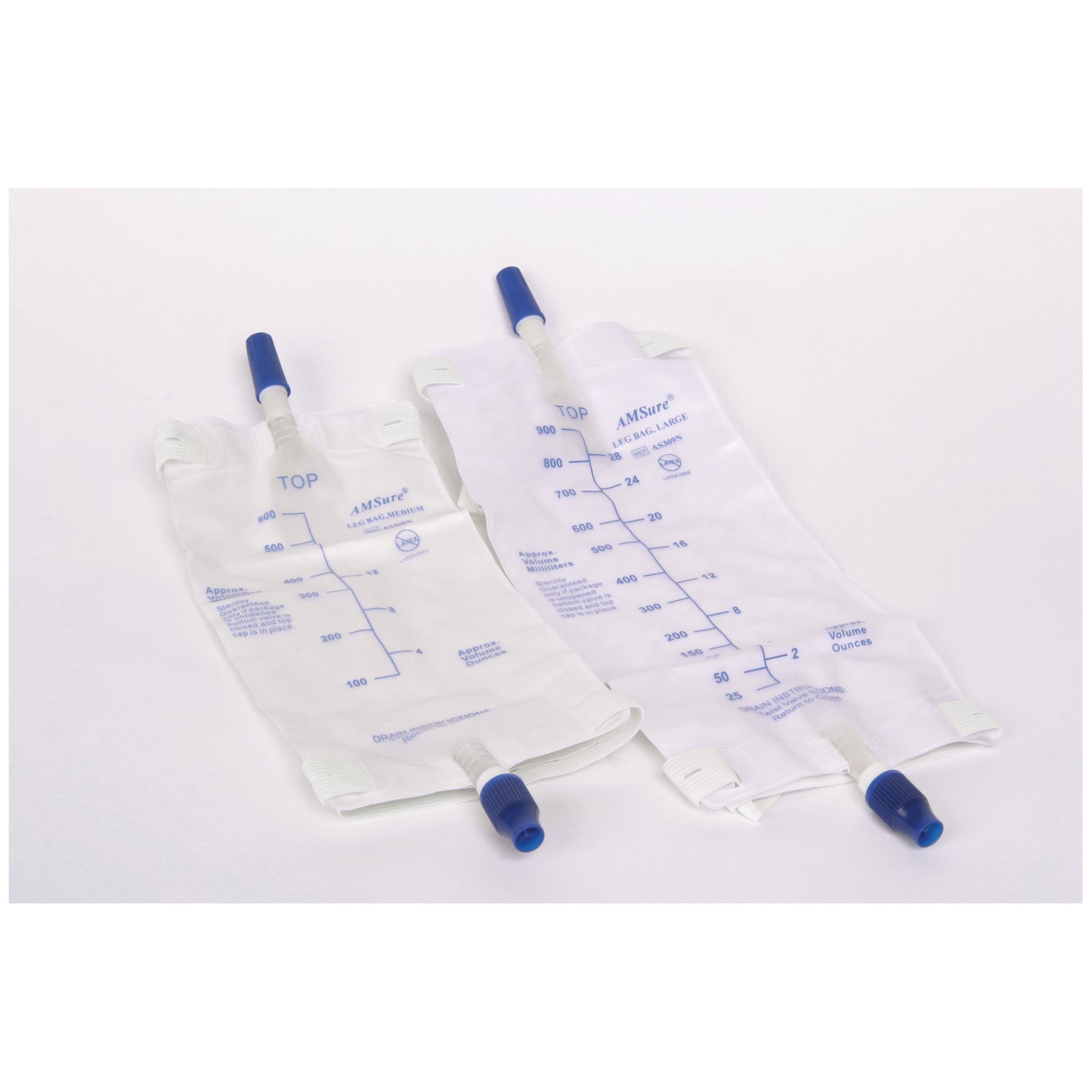 AMSINO AMSURE® URINARY S Leg Bag, 900mL Large, Bottom Draining, Anti-Reflux Valve with Twist Turn valve, with 2 Pre-Assembled Latex Free (LF) Straps, Sterile Fluid Pathway, 48/cs (96 cs/plt)