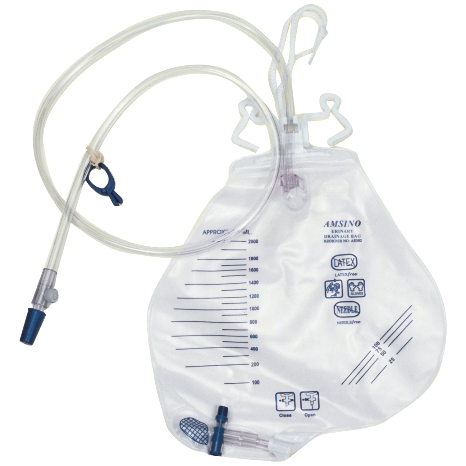 AMSINO AMSURE® URINARY S Drainage Bag, 2000mL, Anti-Reflux Chamber, Pre-Pierced Needle Free Sampling Port (Luer Slip or Blunt Cannula Compatible), Universal Double Hook & Rope Hanger, T-Tap Drain Port, Sterile Fluid Pathway, 20/cs (60 cs/plt)