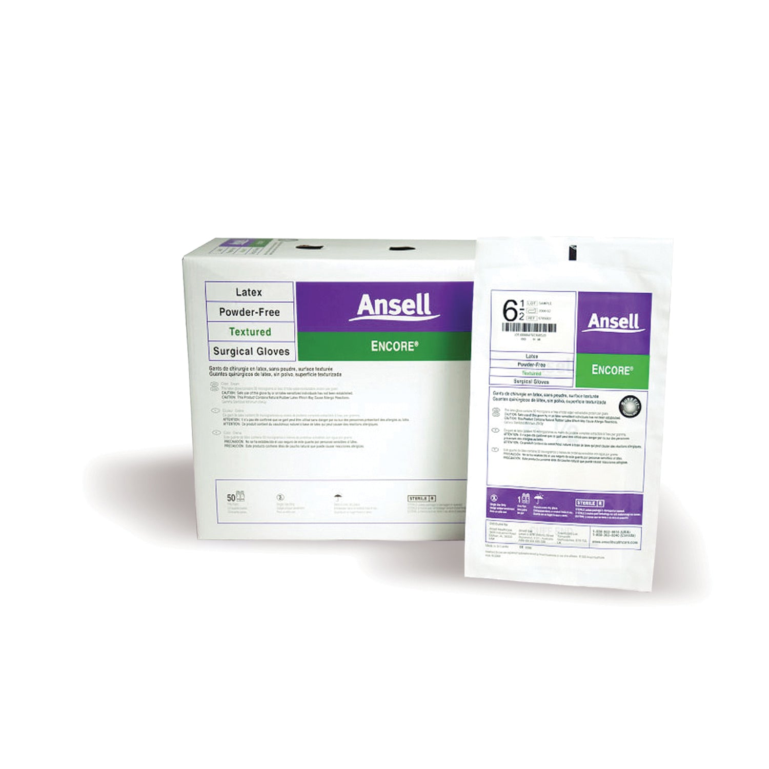 ANSELL ENCORE® POWDER-FREE STERILE Surgical Gloves, Size 71/2, Powder-Free, Latex, Sterile, 50 pr/bx, 4 bx/cs