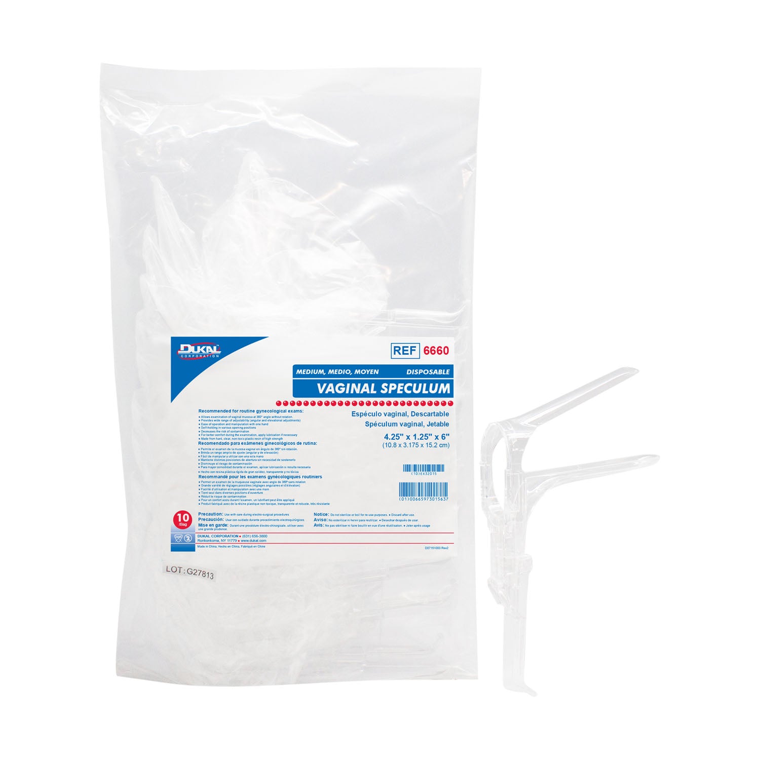 DUKAL S Vaginal Speculum, Medium, Disposable, 10/bg, 10 bg/cs