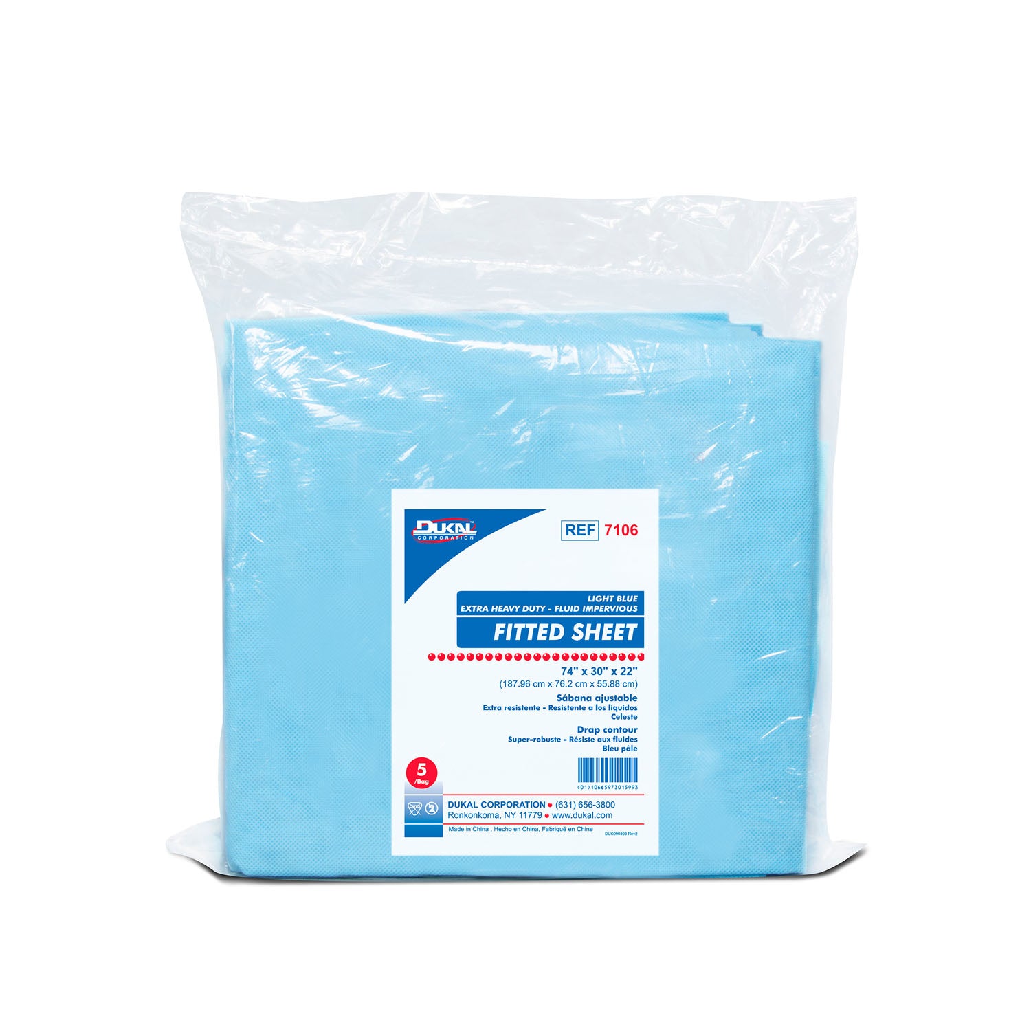 DUKAL DISPOSABLE LINENS "Fitted Sheet, Heavy Duty Fluid Impervious, 74\" x 30\" x 22\", Lt. Blue, 5/bg, 10 bg/cs (28 cs/plt)"