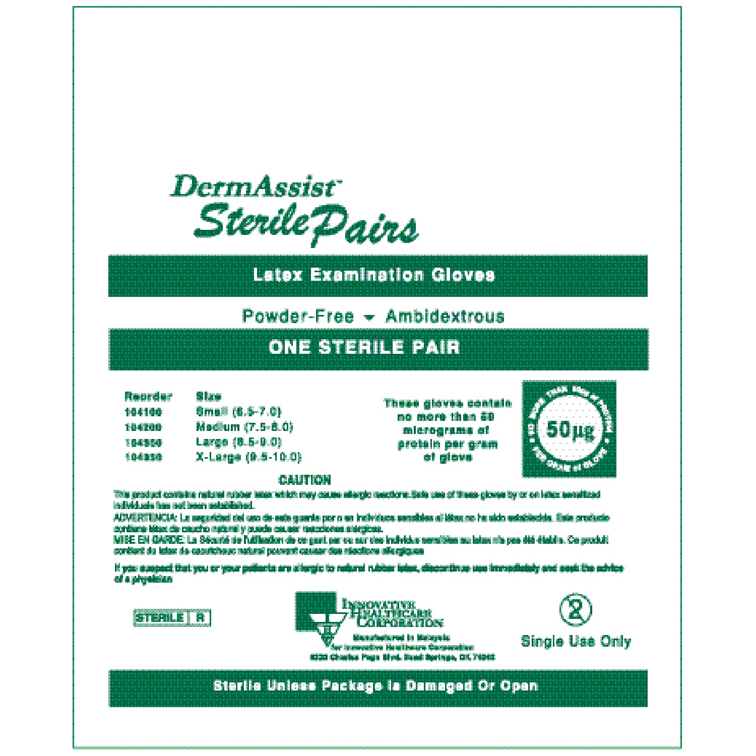 INNOVATIVE DERMASSIST® POWDER-FREE STERILE LATEX EXAM Gloves, Exam, X-Large (91/2 - 10), Latex, Sterile, Powder-Free (PF), Pairs, 50 pr/bx, 4 bx/cs