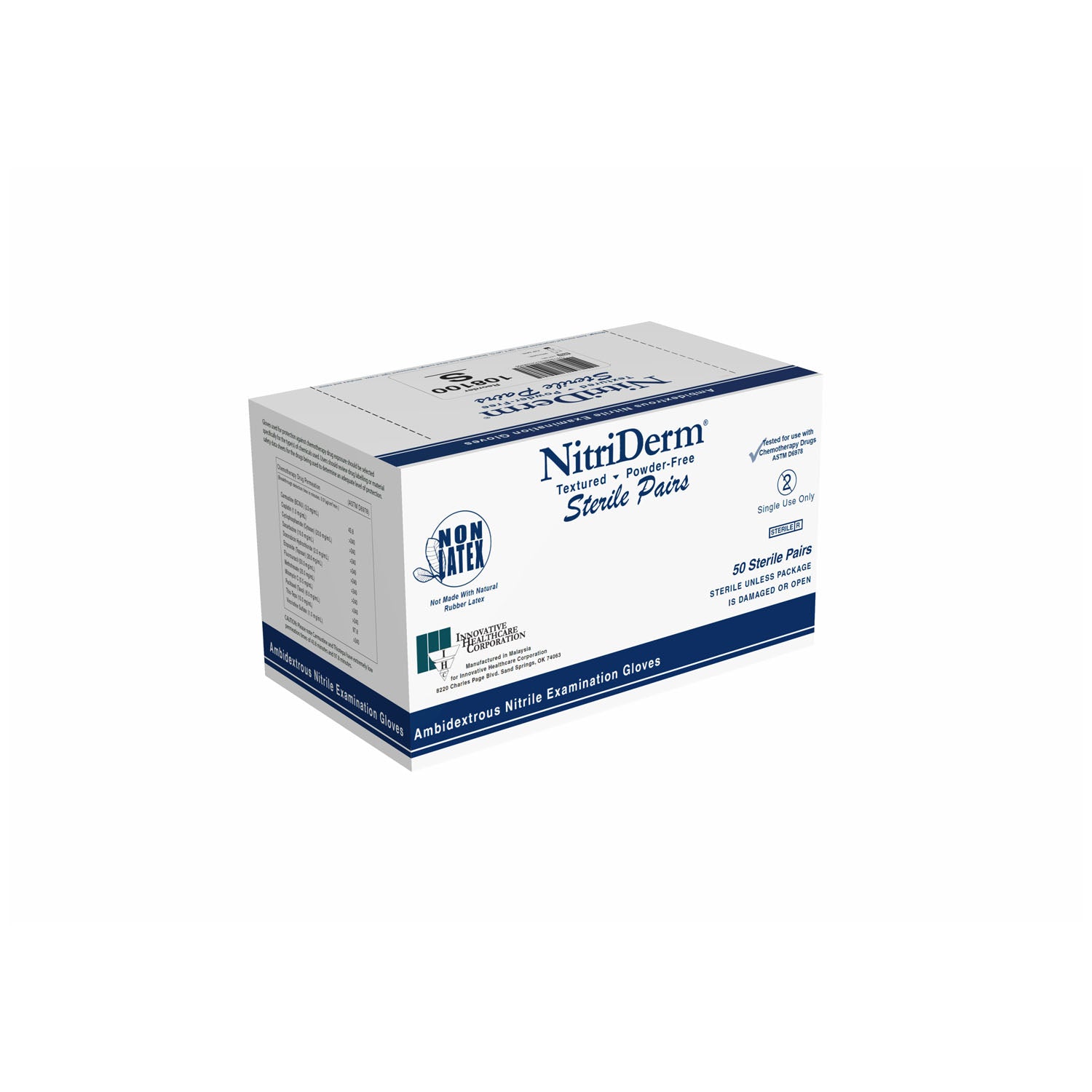INNOVATIVE NITRIDERM® STERILE POWDER-FREE NITRILE EXAM Gloves, Exam, Small, Nitrile, Chemo Tested, Sterile, PF, Pairs, 50 pr/bx, 4 bx/cs