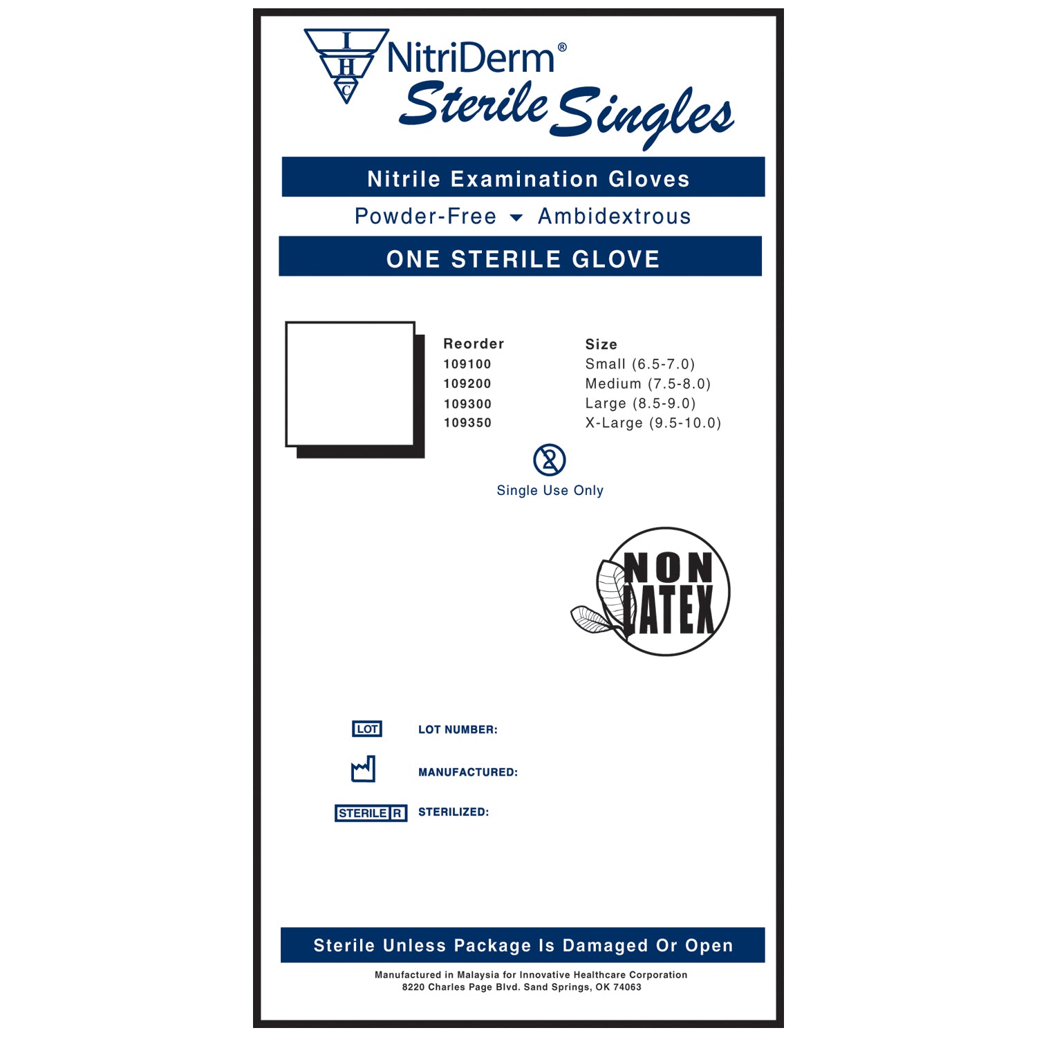 INNOVATIVE NITRIDERM® STERILE POWDER-FREE NITRILE EXAM GLOVES "Gloves, Exam, Small, Nitrile, Sterile, PF, Singles, 9\" Cuff, 100/bx, 4 bx/cs"