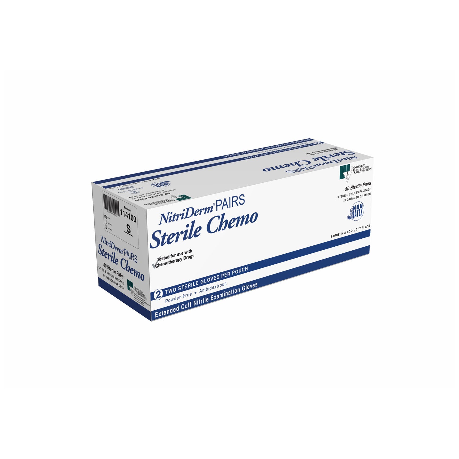 INNOVATIVE NITRIDERM® NITRILE SYNTHETIC POWDER-FREE STERILE EXAM Gloves, Exam, Small, Nitrile, Sterile, PF, Chemo Rated, Extended Cuff, Pairs, 50 pr/bx, 4 bx/cs