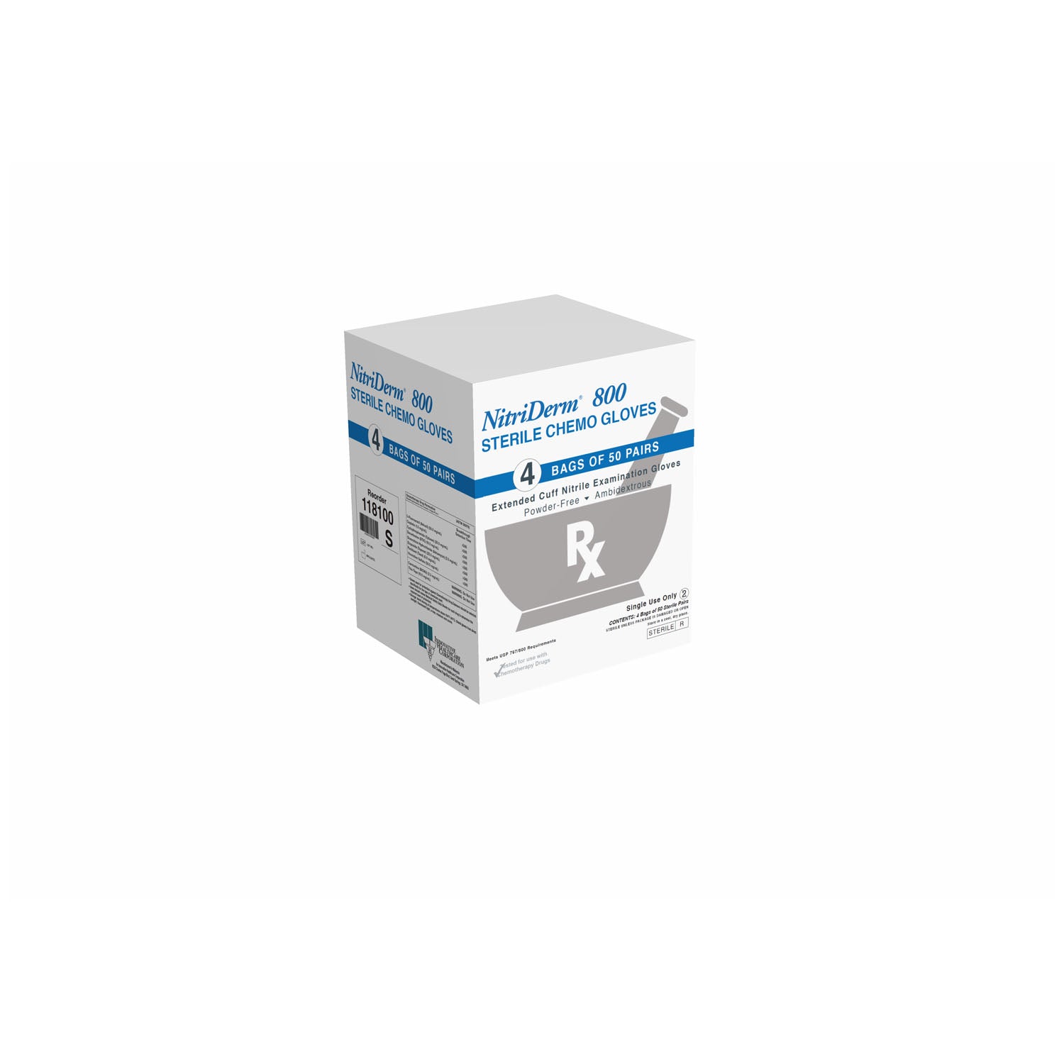 INNOVATIVE NITRIDERM® 800 NITRILE EXAM Gloves, Exam, Small, Nitrile, Chemo, Sterile, PF, Pairs, Extended Cuff, USP 797/800, 50 pr/bg, 4 bg/cs