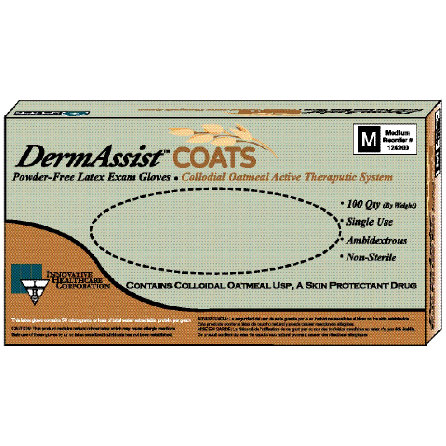 INNOVATIVE DERMASSIST® COATS™ POWDER-FREE LATEX EXAM Gloves, Small, Exam, Latex, Non-Sterile, PF, Colloidal Oatmeal, Therapeutic, 100/bx, 10 bx/cs