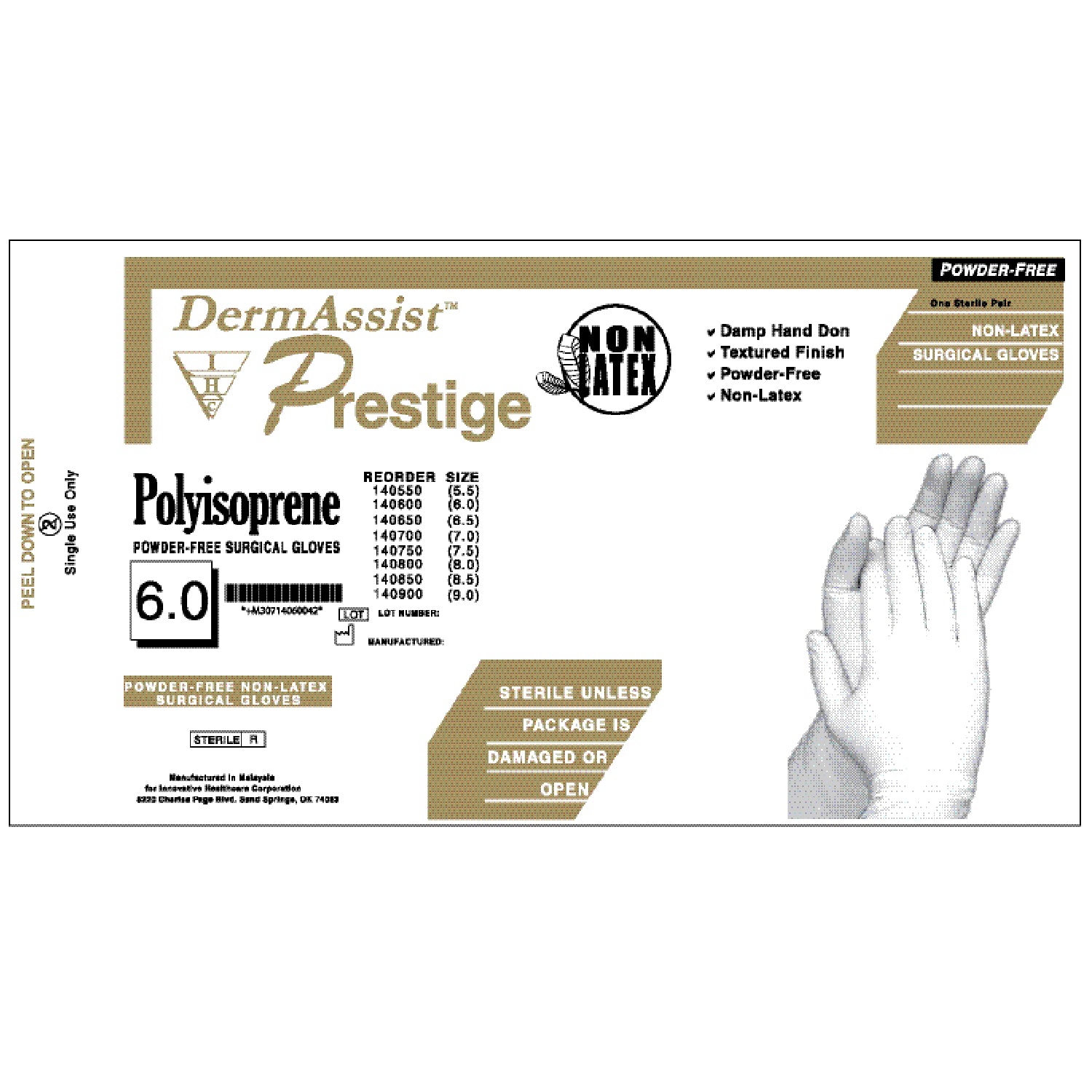 INNOVATIVE PRESTIGE® DHD POWDER-FREE LATEX SURGICAL Gloves, Surgical, Powder Free (PF), Size 51/2, Latex, Sterile, Bisque Finish, Damp Hand Don, 50 pr/bx, 4 bx/cs