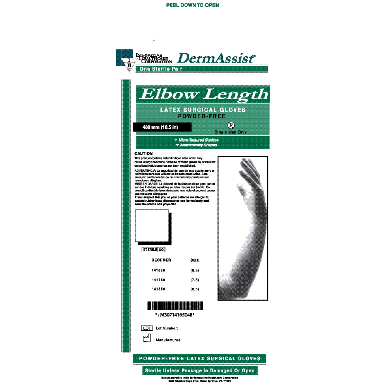 INNOVATIVE DERMASSIST ELBOW LENGTH POWDER-FREE LATEX SURGICAL GLOVES, Size 6½, Sterile, Textured, (18½"), 25 pr/bx, 4 bx/cs