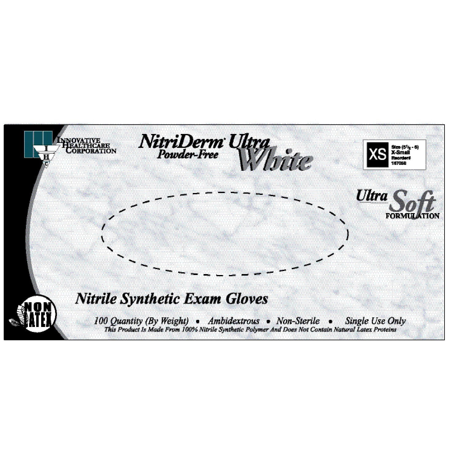 INNOVATIVE NITRIDERM® ULTRA WHITE NITRILE SYNTHETIC POWDER-FREE EXAM Gloves, Exam, X-Large, Nitrile, Non-Sterile, PF, Textured, ThinFilm, White, 100/bx, 10bx/cs (80 cs/plt)