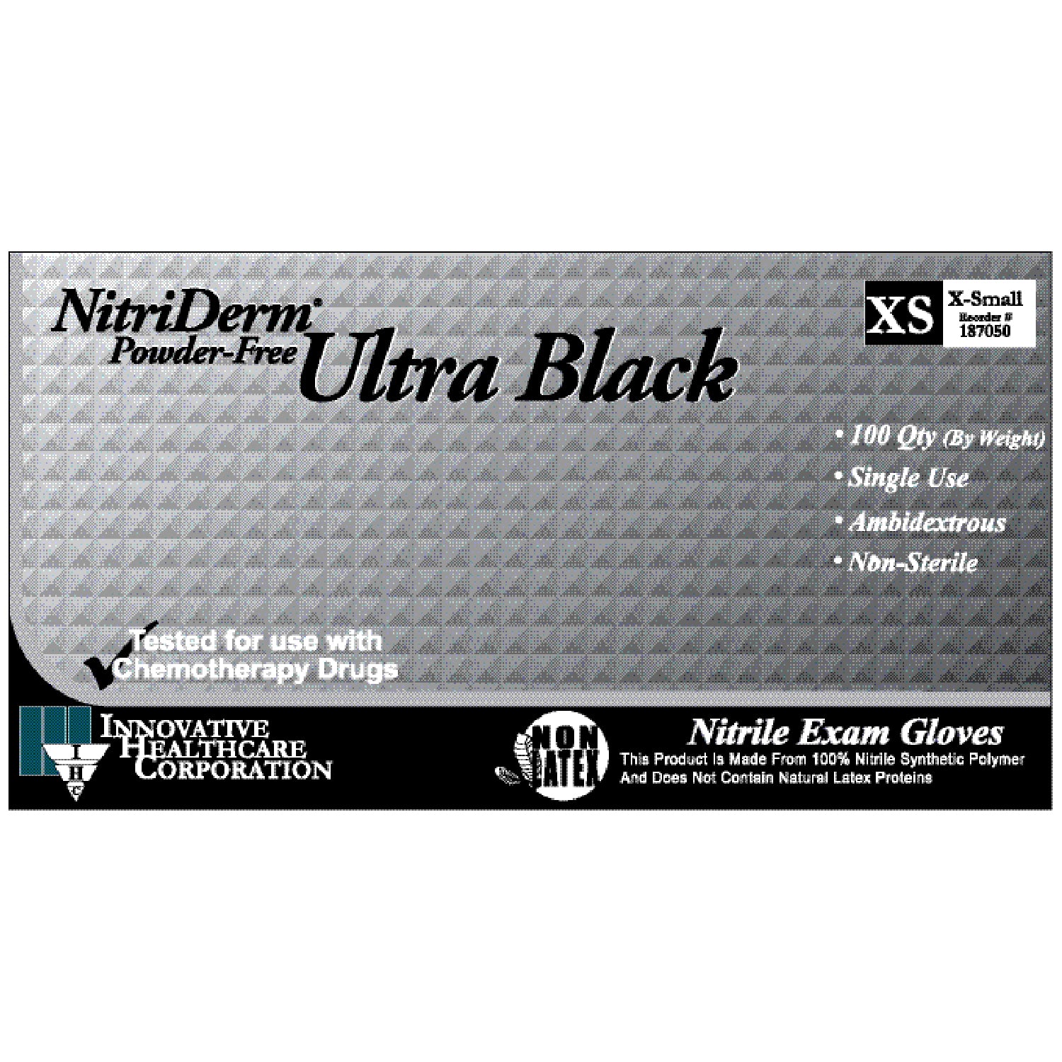 INNOVATIVE NITRIDERM® ULTRA BLACK POWDER-FREE NITRILE SYNTHETIC Gloves, Exam, Large, Nitrile, Chemo & Fentanyl Tested, Non-Sterile, PF, Textured, Black, 100/bx, 10 bx/cs (96 cs/plt)