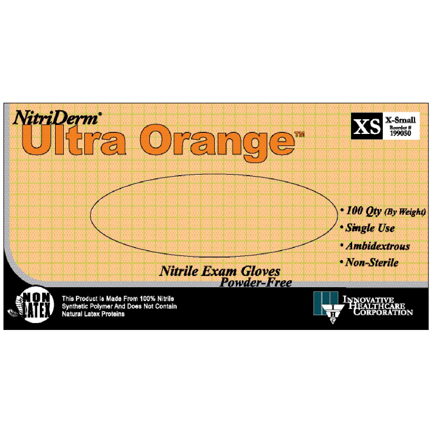 INNOVATIVE NITRIDERM® ULTRA ORANGE® POWDER-FREE EXAM Gloves, Exam, X-Small, Nitrile, Non-Sterile, PF, Textured, Orange Color, 100/bx, 10 bx/cs