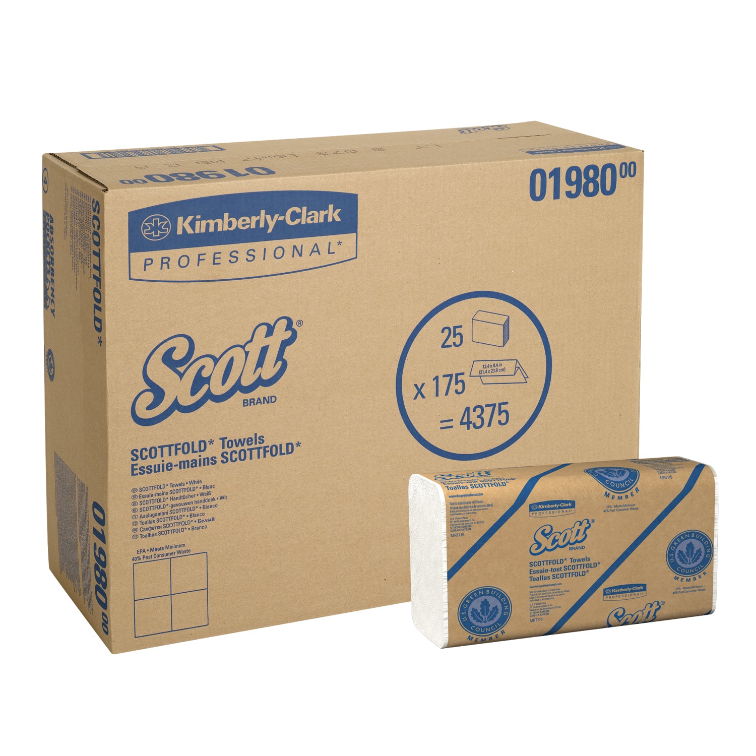 KIMBERLY-CLARK FOLDED TOWELS Scott ScottFold Towels, 1-Ply, 175 sheets/pk, 25 pk/cs