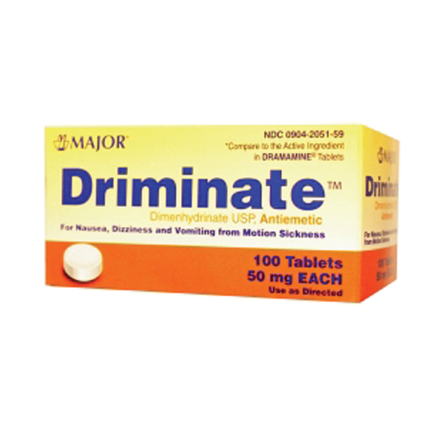 MAJOR MOTION SICKNESS RELIEF Driminate, 50mg, 100s, Tablets, Compare to Dramamine®, NDC# 00904-2051-59 (US Only)