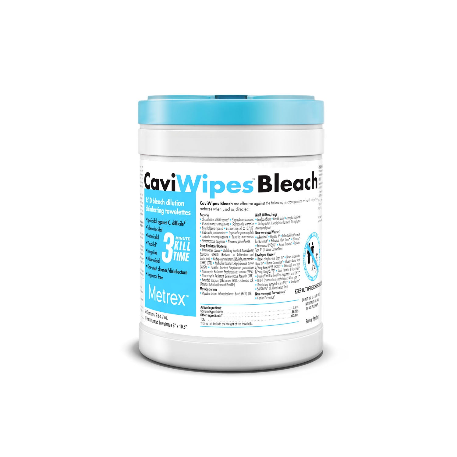 METREX CAVIWIPES1™ SURFACE DISINFECTANT "CaviWipe™ Bleach, 6\" x 10.5\", 90 singles/ctn, 12 ctn/cs "