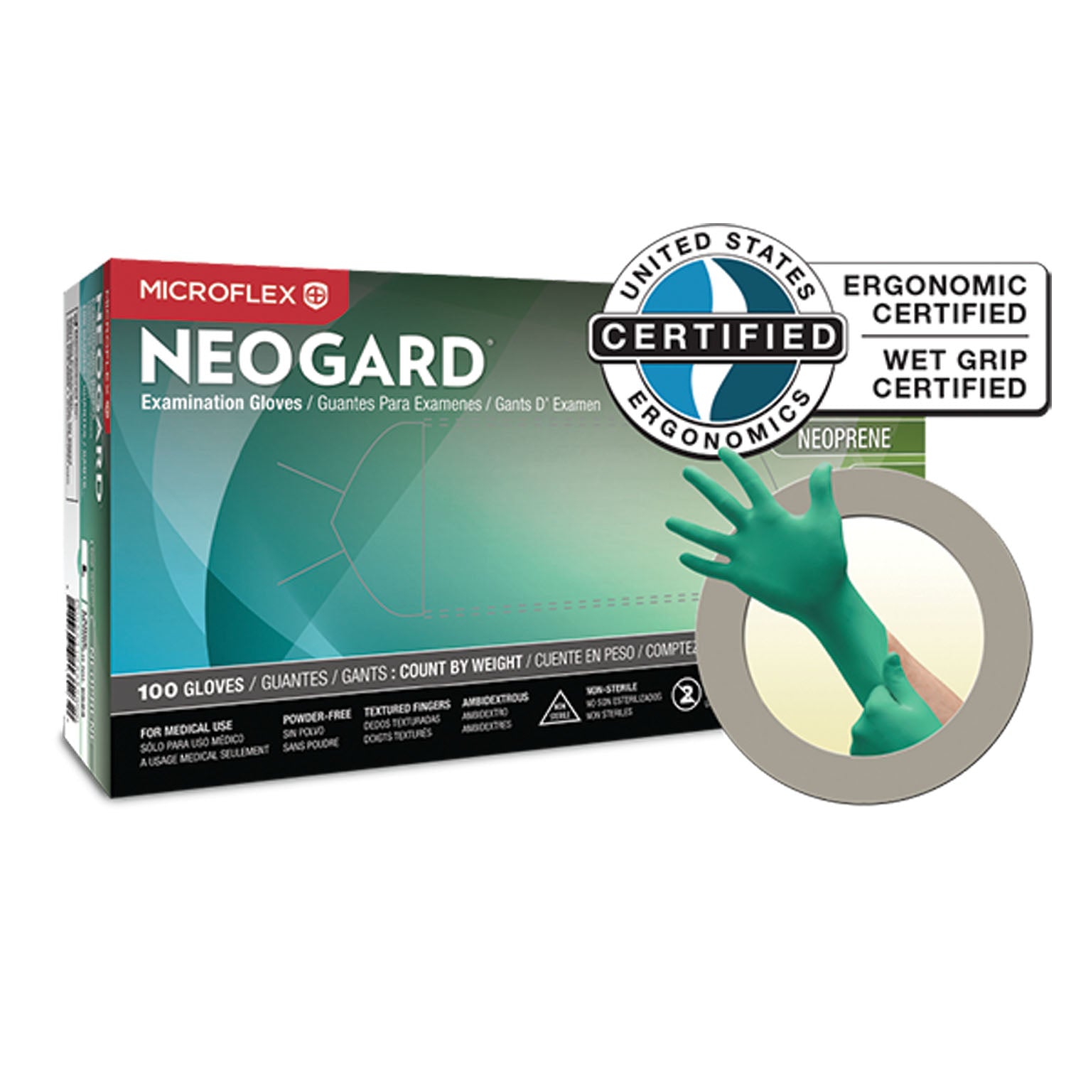 ANSELL MICROFLEX NEOGARD® POWDER-FREE MEDICAL-GRADE CHLOROPRENE Exam Gloves, Chloroprene, PF, Latex-Free, Textured Fingers, Green, Medium, 100/bx, 10 bx/cs