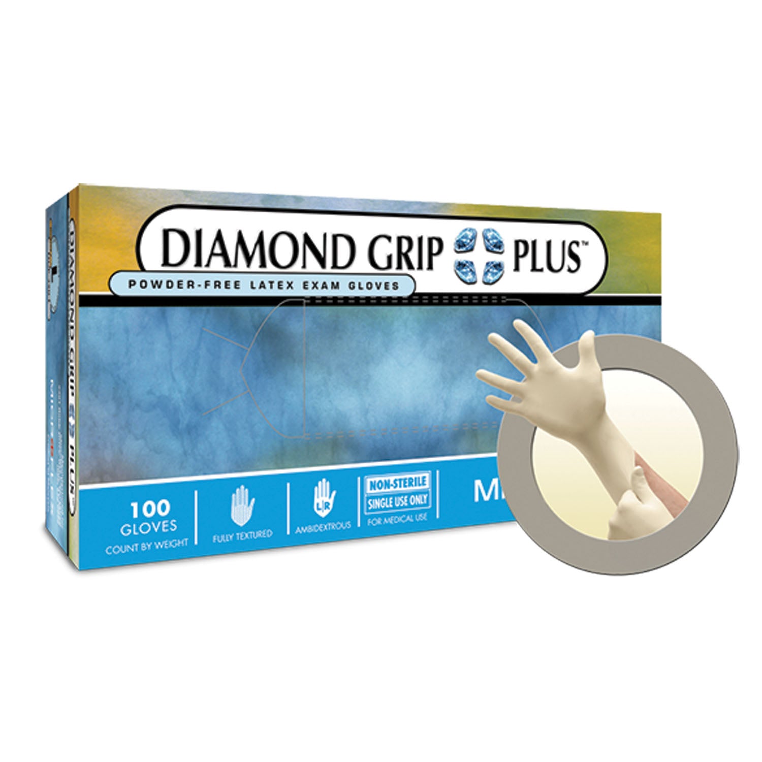ANSELL MICROFLEX DIAMOND GRIP PLUS™ POWDER-FREE LATEX Exam Gloves, PF Latex, Textured, Medium, 100/bx, 10 bx/cs