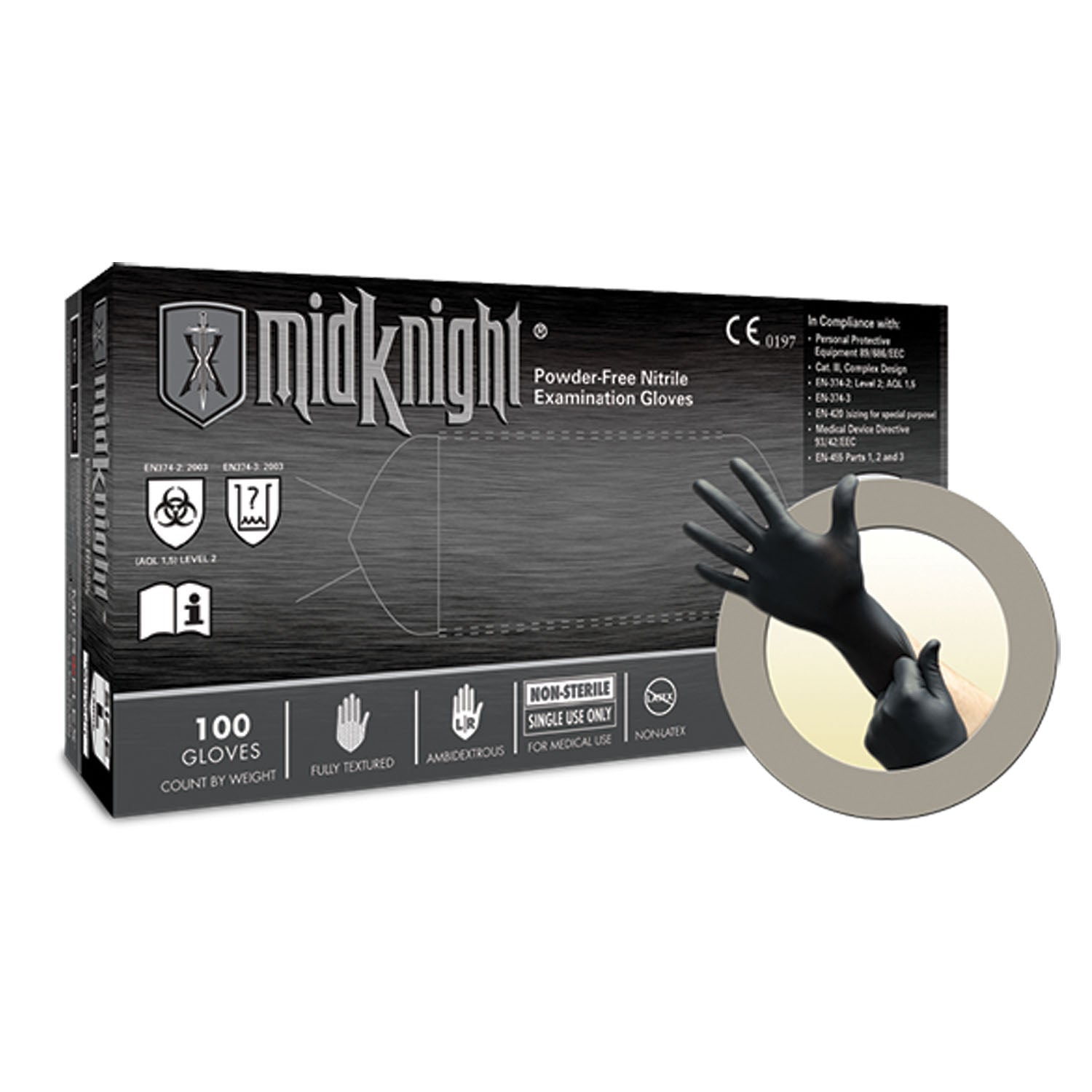 ANSELL MICROFLEX MIDKNIGHT® POWDER-FREE NITRILE Exam Gloves, PF Nitrile, Textured, Black, XX-Large, 100/bx, 10 bx/cs
