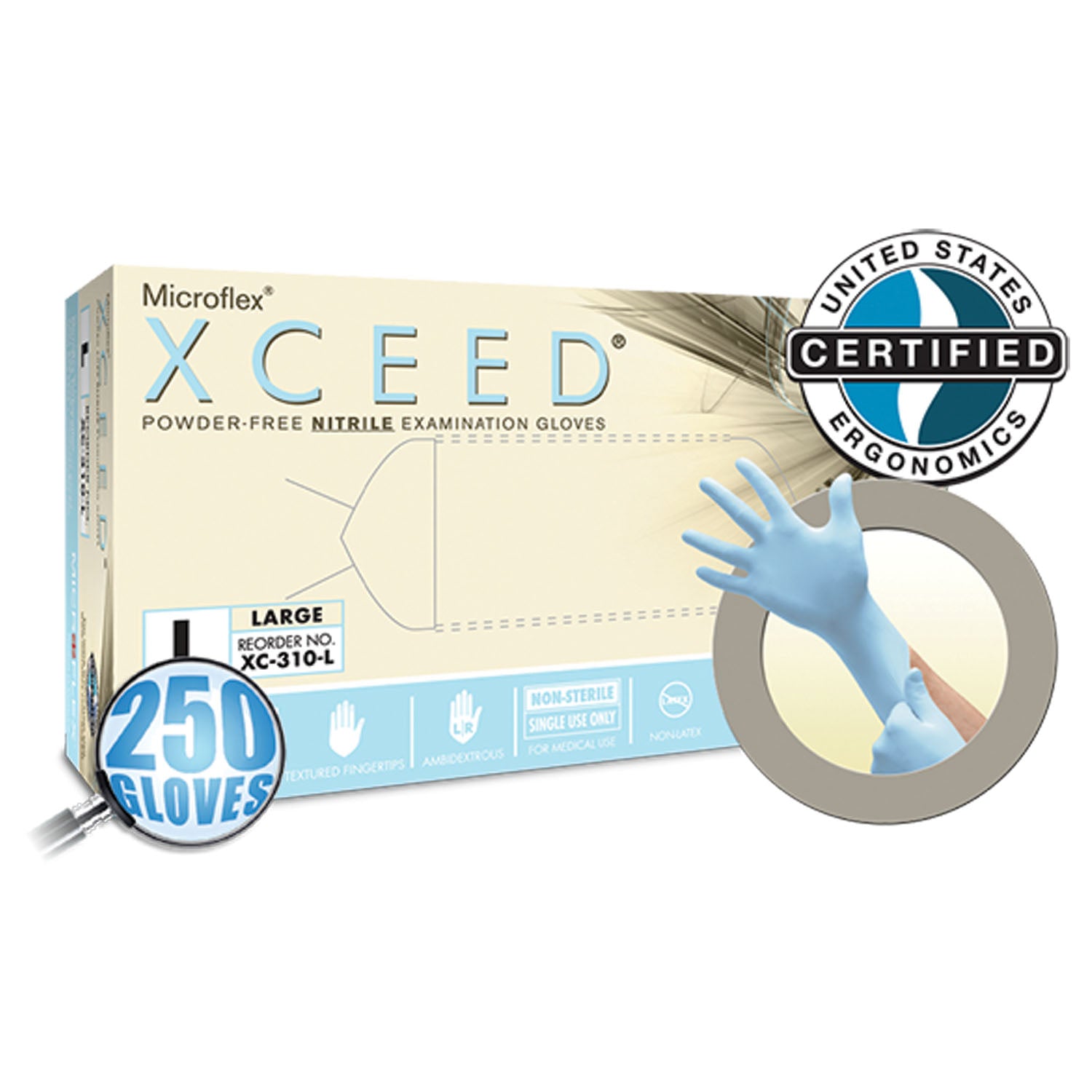 ANSELL MICROFLEX XCEED® POWDER-FREE NITRILE Exam Gloves, PF Nitrile, Textured Fingertips, Blue, Large, 250/bx, 10 bx/cs