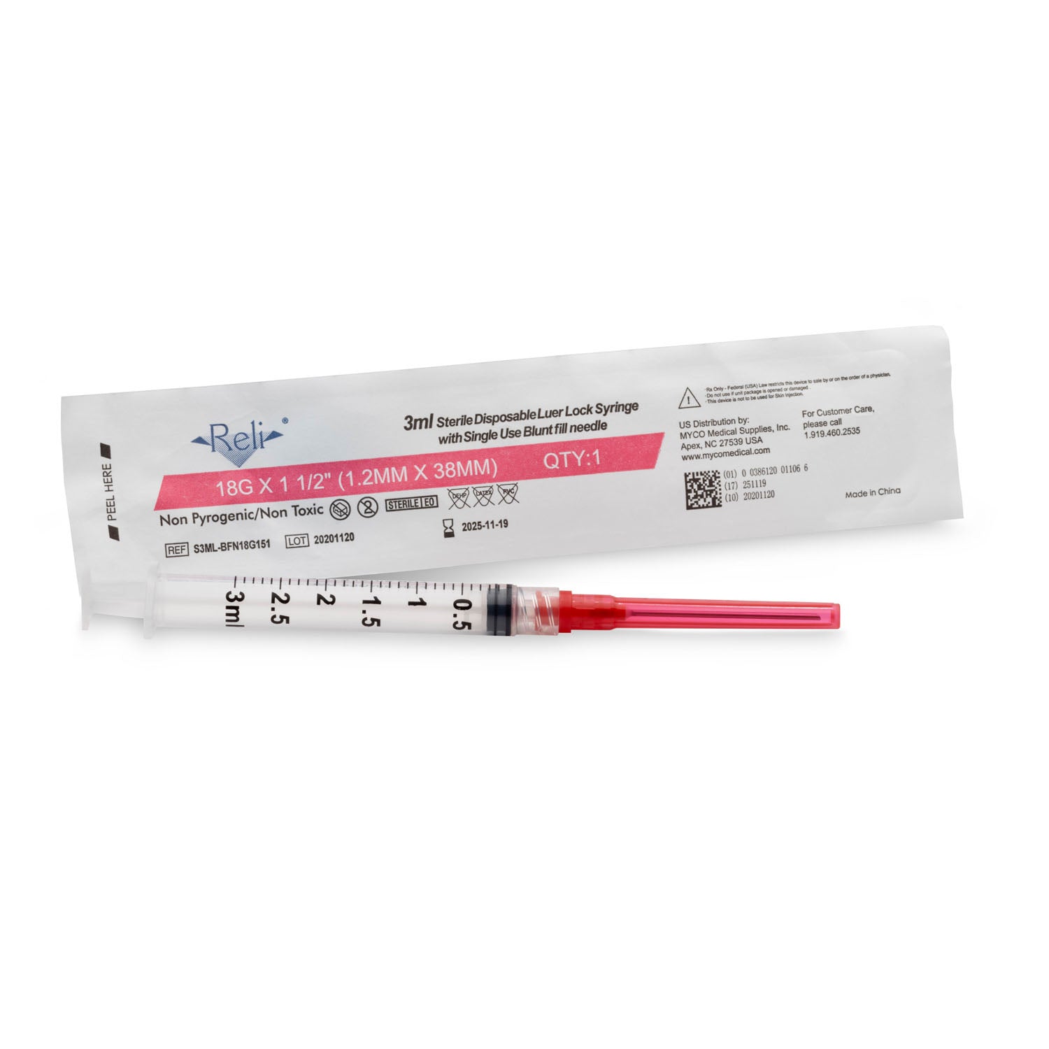 MYCO RELI® BLUNT FILL NEEDLES Blunt Fill Needles, Sterile, Single-Use, PVC-Free, 18G x 1-1/2", 100/bx