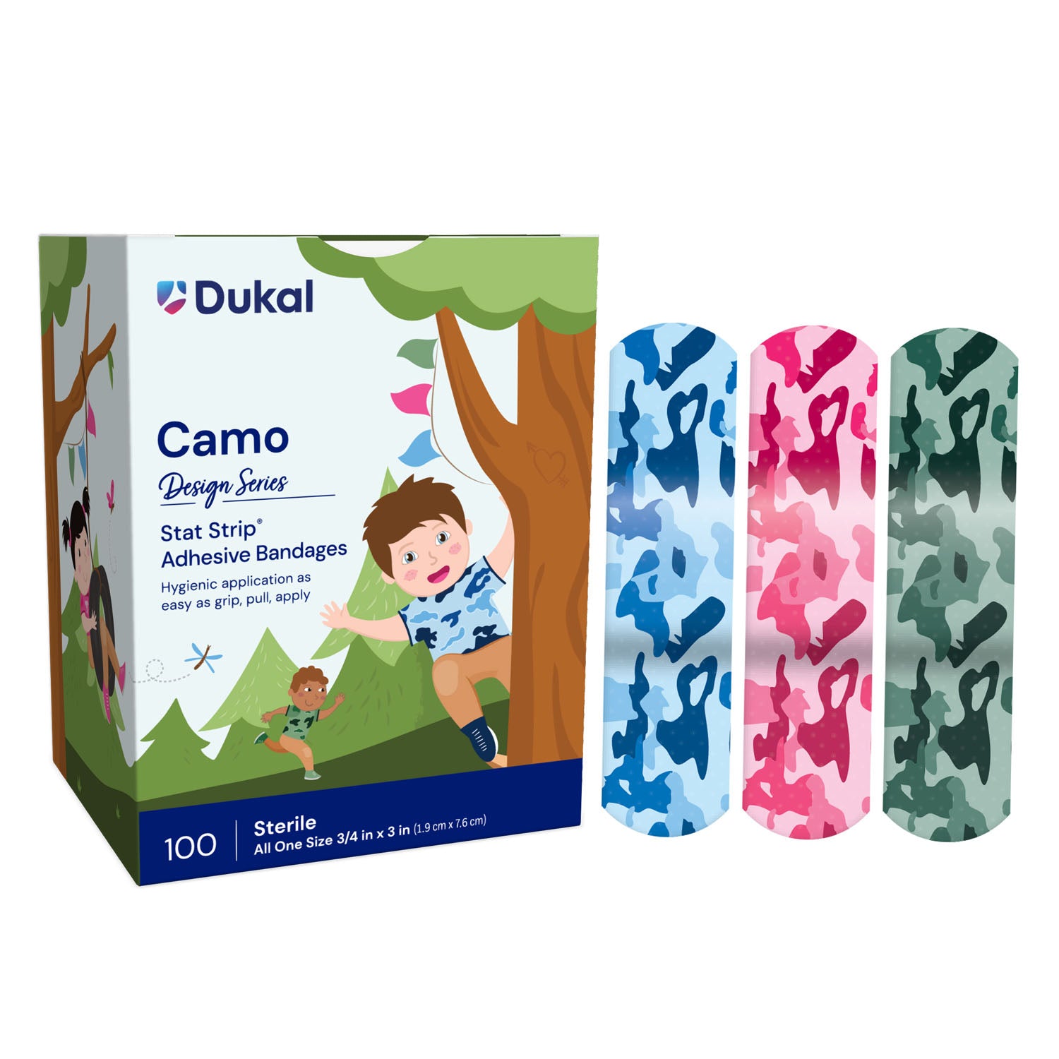 DUKAL Children‘s CHARACTER ADHESIVE BANDAGES "Stat Strip® Adhesive Bandage, Blue and Pink Camo, 3/4\" x 3\", 100/bx, 12 bx/cs"