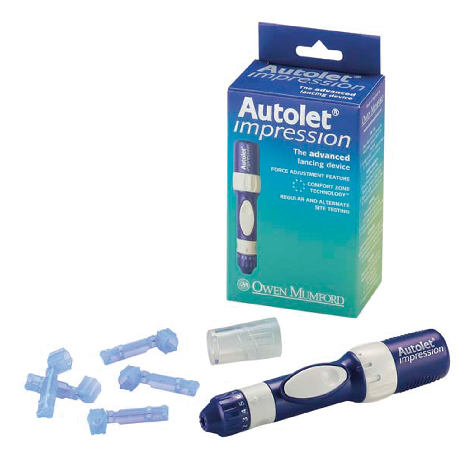 OWEN MUMFORD AUTOLET® IMPRESSION LANCING DEVICE Autolet Impression, Includes: Device, 3 Unilet Lancets, 1 Depth Adjuster, 1 Alternate Site End Cap & Instructions for use