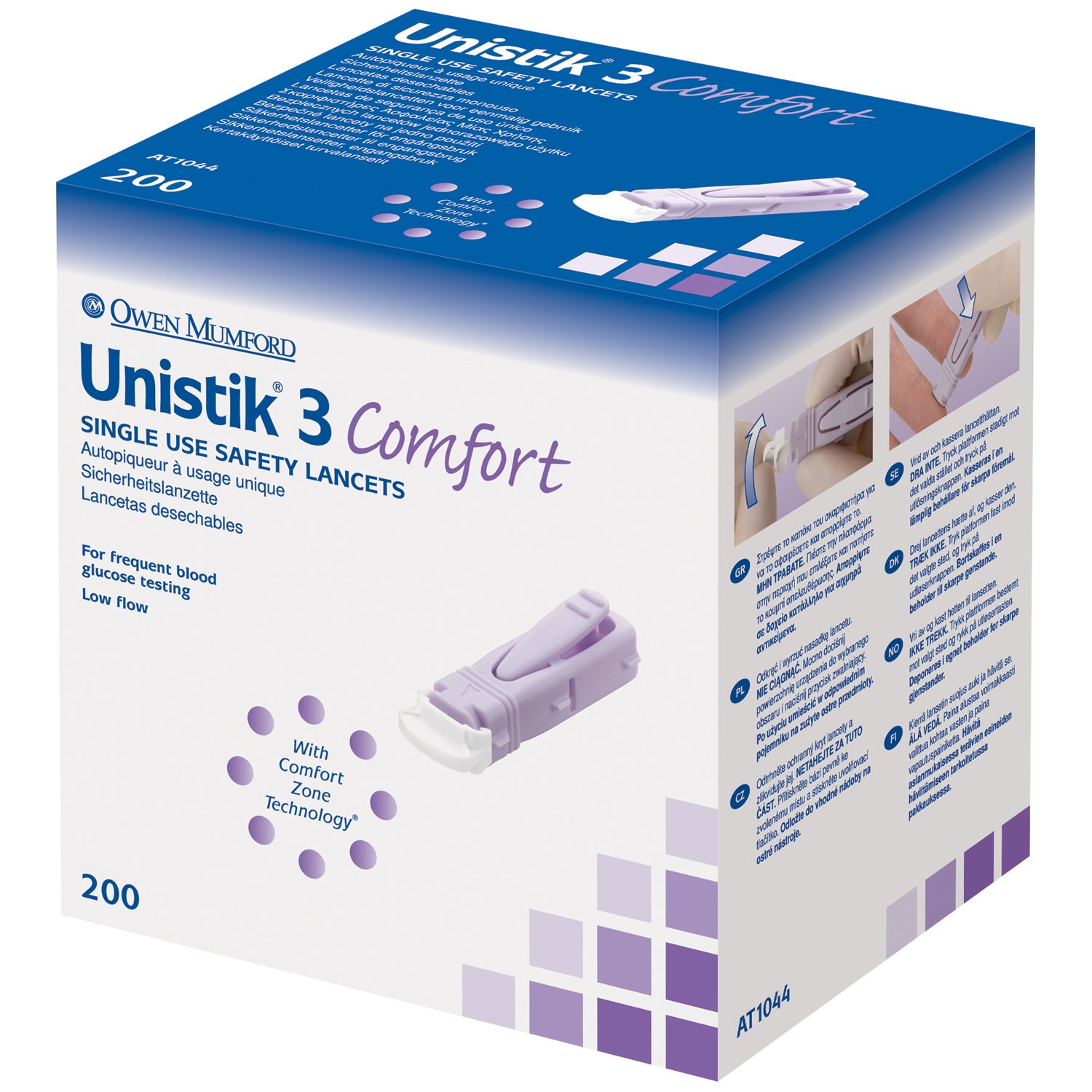 OWEN MUMFORD UNISTIK® 3 PRE-SET SINGLE USE SAFETY S Lancet, Comfort, 28G, 1.8mm Penetration Depth, Purple, 200/bx