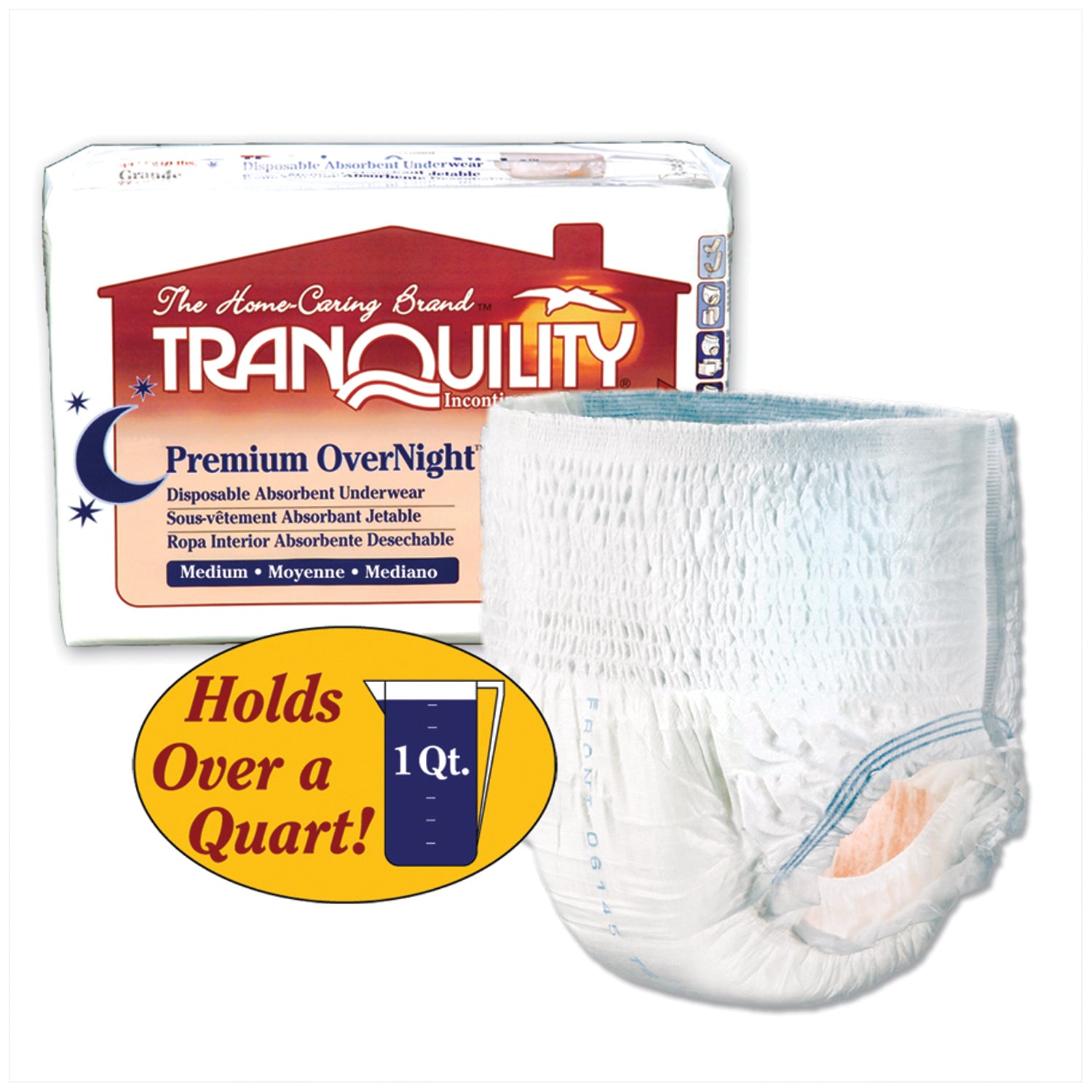 PRINCIPLE BUSINESS TRANQUILITY® PREMIUM OVERNIGHT™ DISPOSABLE ABSORBENT UNDERWEAR "Underwear, Medium Overnight DAU, 34\"-48\", 120-175 lbs, Capacity 34.0 fl oz, 18/pk, 4 pk/cs "