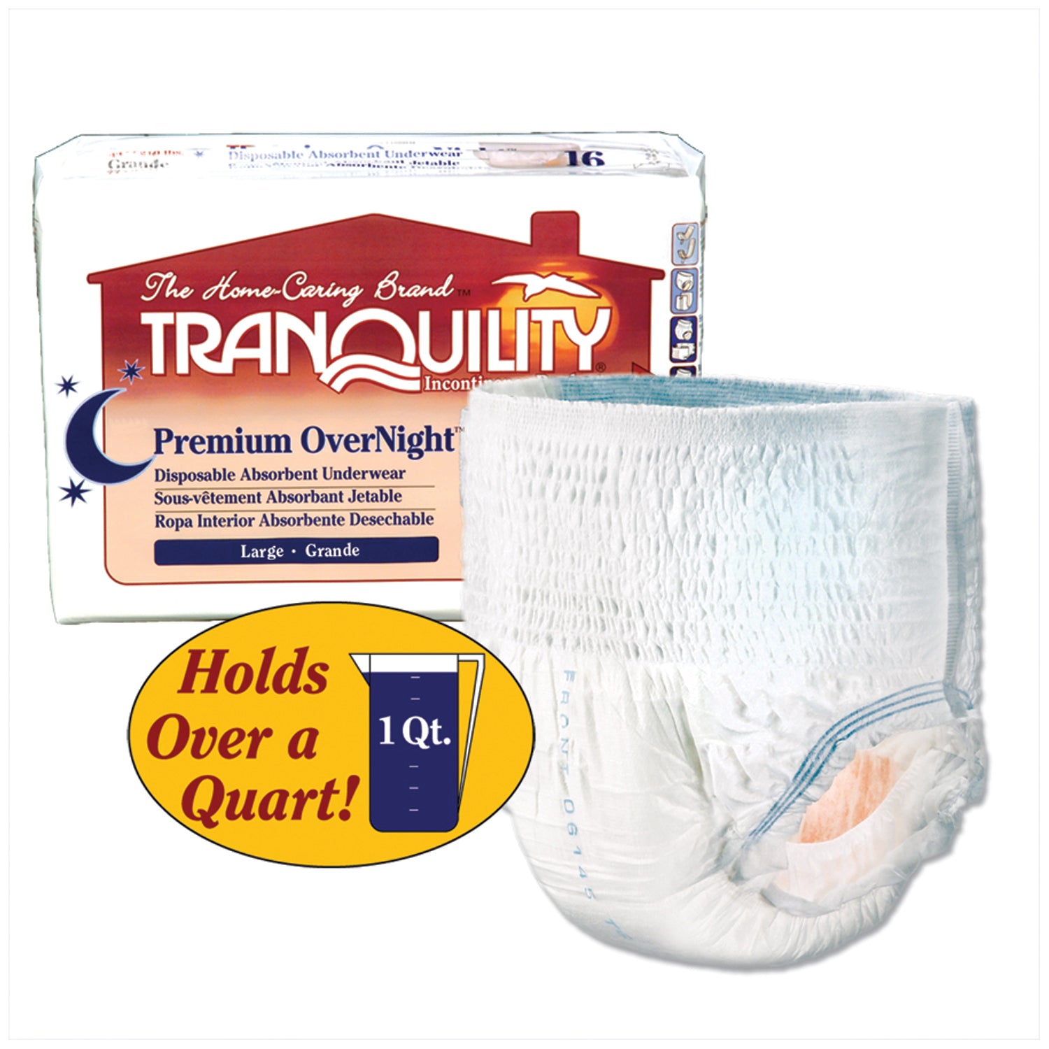 PRINCIPLE BUSINESS TRANQUILITY® PREMIUM OVERNIGHT™ DISPOSABLE ABSORBENT UNDERWEAR "Underwear, Large Overnight DAU, 44\"-54\", 170-210 lbs, Capacityi 34.0 fl oz, 16/pk, 4 pk/cs "