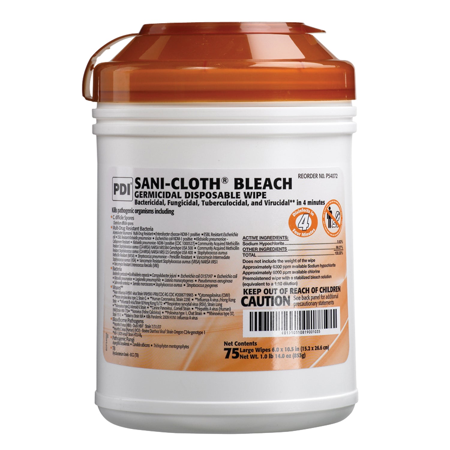 PDI SANI-CLOTH® BLEACH GERMICIDAL DISPOSABLE WIPE Bleach Germicidal Disposable Wipe, Large, 6" x 10½", 75/canister, 12 can/cs