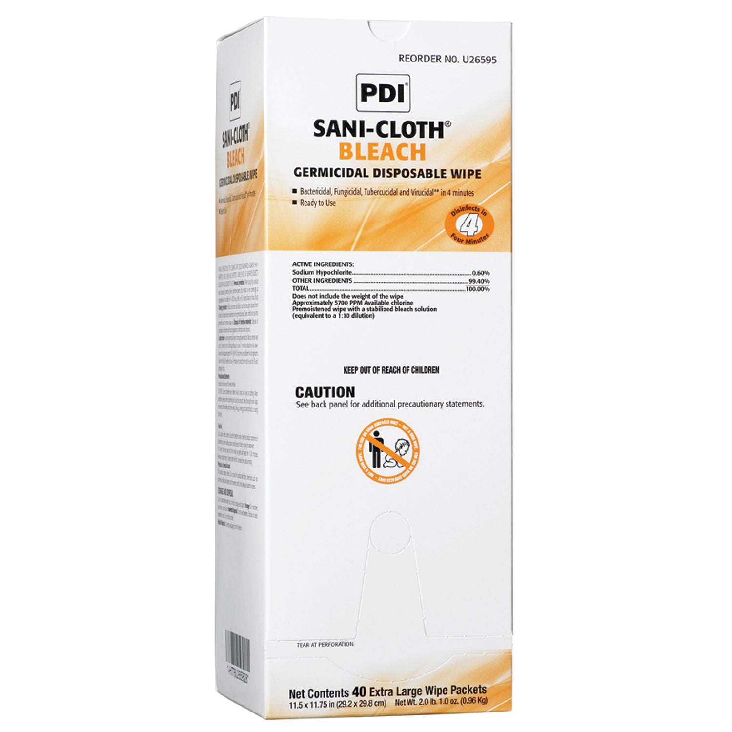 PDI SANI-CLOTH® BLEACH GERMICIDAL DISPOSABLE WIPE "Bleach Germicidal Disposable Wipe, X-Large, 111/2\" x 113/4\", 40 Individual Packs/bx, 3 bx/cs "
