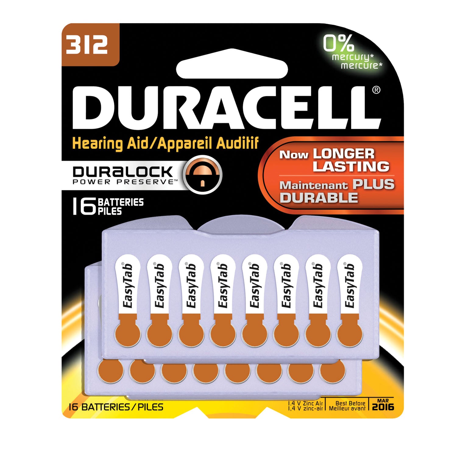 DURACELL® HEARING AID Battery, Zinc Air, Size 312, 16pk, 6 pk/bx