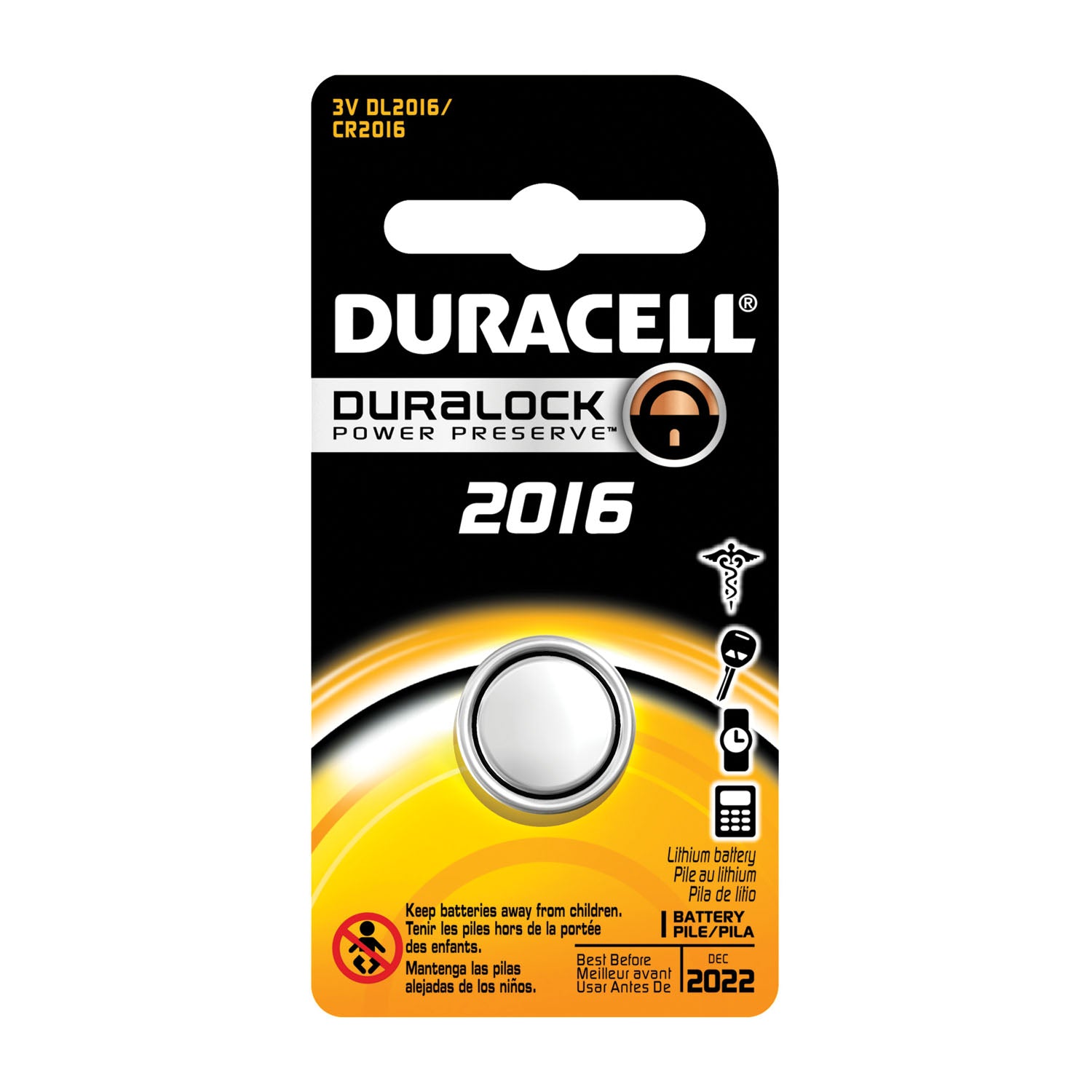 DURACELL® ELECTRONIC WATCH Battery, Lithium, Size DL2016, 3V, 6/bx
