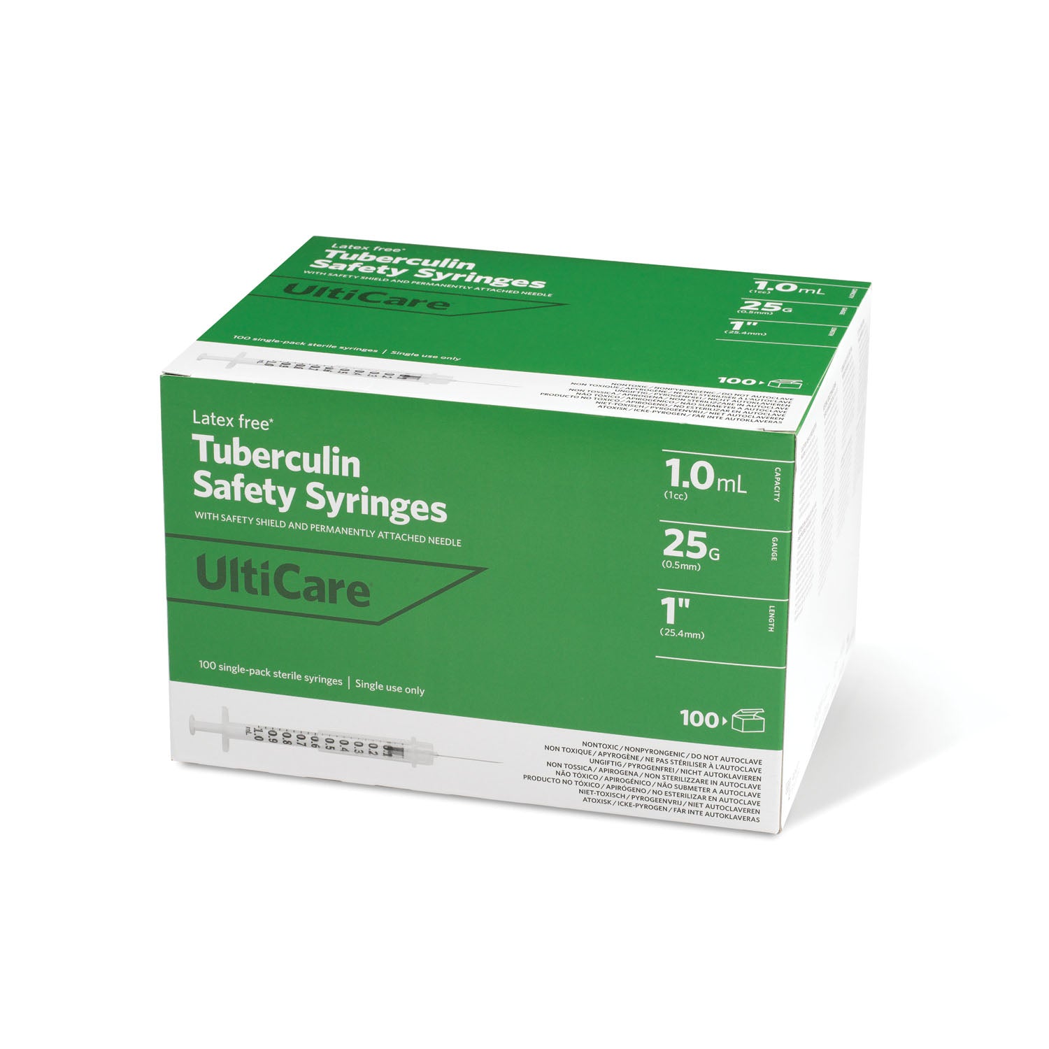 ULTIMED ULTICARE TUBERCULIN SAFETY SYRINGES "Safety Syringe, Fixed Needle, Tuberculin, 1mL, 25G x 1\", 100/bx"