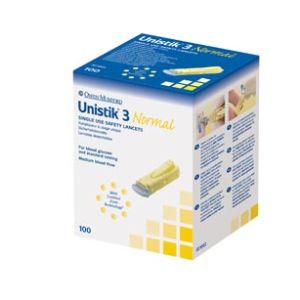 OWEN MUMFORD UNISTIK® 3 PRE-SET SINGLE USE SAFETY LANCETS Lancet, Normal, 23G, 1.8mm Penetration Depth, Yellow, 100/bx