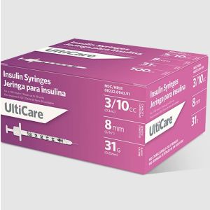 ULTIMED ULTICARE ULTIGUARD SYRINGES Insulin Syringe, 3/10cc, 31G x 5/16", 100/bx