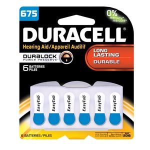 DURACELL® HEARING AID BATTERY Battery, Zinc Air, Size 675, 6pk, 6 pk/bx, 6bx/cs