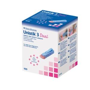 OWEN MUMFORD UNISTIK® 3 PRE-SET SINGLE USE SAFETY LANCETS Lancet, Dual, 18G, 1.8mm Penetration Depth, Blue, 100/bx