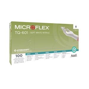 ANSELL MICROFLEX SOFT WHITE POWDER-FREE  NITRILE EXAM GLOVES Exam Gloves, Soft PF Nitrile with Hydrasoft, Textured fingertips, White, Medium, 100/bx, 10 bx/cs
