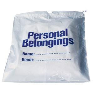 NEW WORLD IMPORTS PERSONAL BELONGINGS BAG Personal Belongings Drawstring Bag, 17" x 20", White Bag with Blue Imprinting, 250/cs