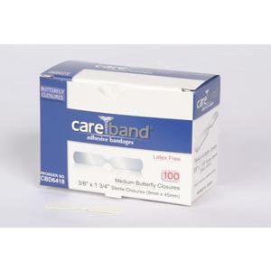 ASO CAREBAND™ BUTTERFLY CLOSURE BANDAGES Butterfly Closures, Medium 1 3/8" x 1/3", Latex Free (LF), 100/bx, 12 bx/cs