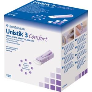 OWEN MUMFORD UNISTIK® 3 PRE-SET SINGLE USE SAFETY LANCETS Lancet, Comfort, 28G, 1.8mm Penetration Depth, Purple, 200/bx