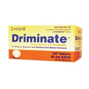 MAJOR MOTION SICKNESS RELIEF Driminate, 50mg, 100s, Tablets, Compare to Dramamine®, NDC# 00904-2051-59