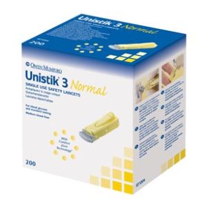 OWEN MUMFORD UNISTIK® 3 PRE-SET SINGLE USE SAFETY LANCETS Lancet, Normal, 23G, 1.8mm Penetration Depth, Yellow, 200/bx