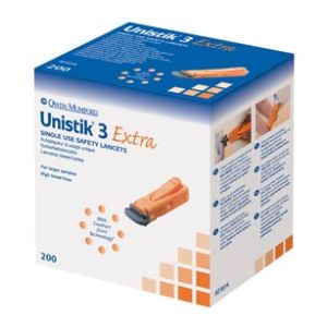 OWEN MUMFORD UNISTIK® 3 PRE-SET SINGLE USE SAFETY LANCETS Lancet, Extra, 21G, 2.0mm Penetration Depth, Orange, 200/bx