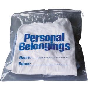 NEW WORLD IMPORTS PERSONAL BELONGINGS BAG Personal Belongings Drawstring Bag, 17" x 20", Clear Bag with Blue Imprinting, 250/cs