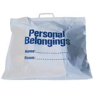 NEW WORLD IMPORTS PERSONAL BELONGINGS BAG Belongings Bag with Handle, 18½" x 20", White Bag with Blue Imprint, 250/cs